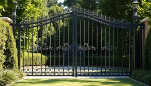 Showcase of custom steel gates with intricate designs in a serene garden.
