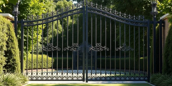 Showcase of custom steel gates with intricate designs in a serene garden.