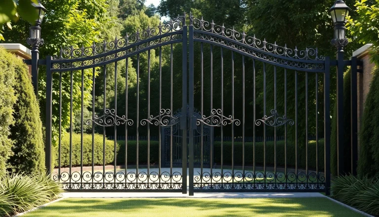 Showcase of custom steel gates with intricate designs in a serene garden.