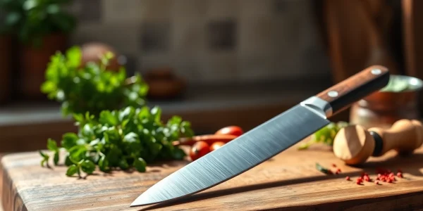 Chef’s knife NZ placed on a wooden cutting board with herbs and spices, showcasing its sharp blade.