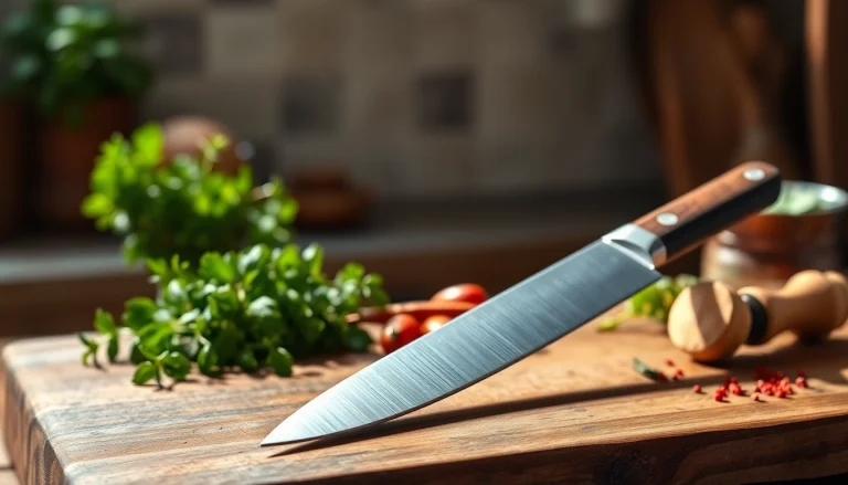Chef’s knife NZ placed on a wooden cutting board with herbs and spices, showcasing its sharp blade.