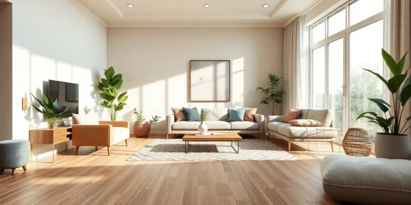 Carrelage imitation parquet dans un salon moderne avec lumière naturelle.