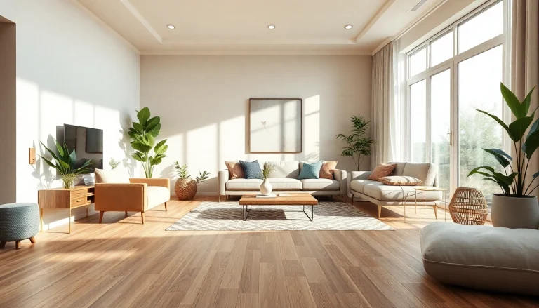 Carrelage imitation parquet dans un salon moderne avec lumière naturelle.