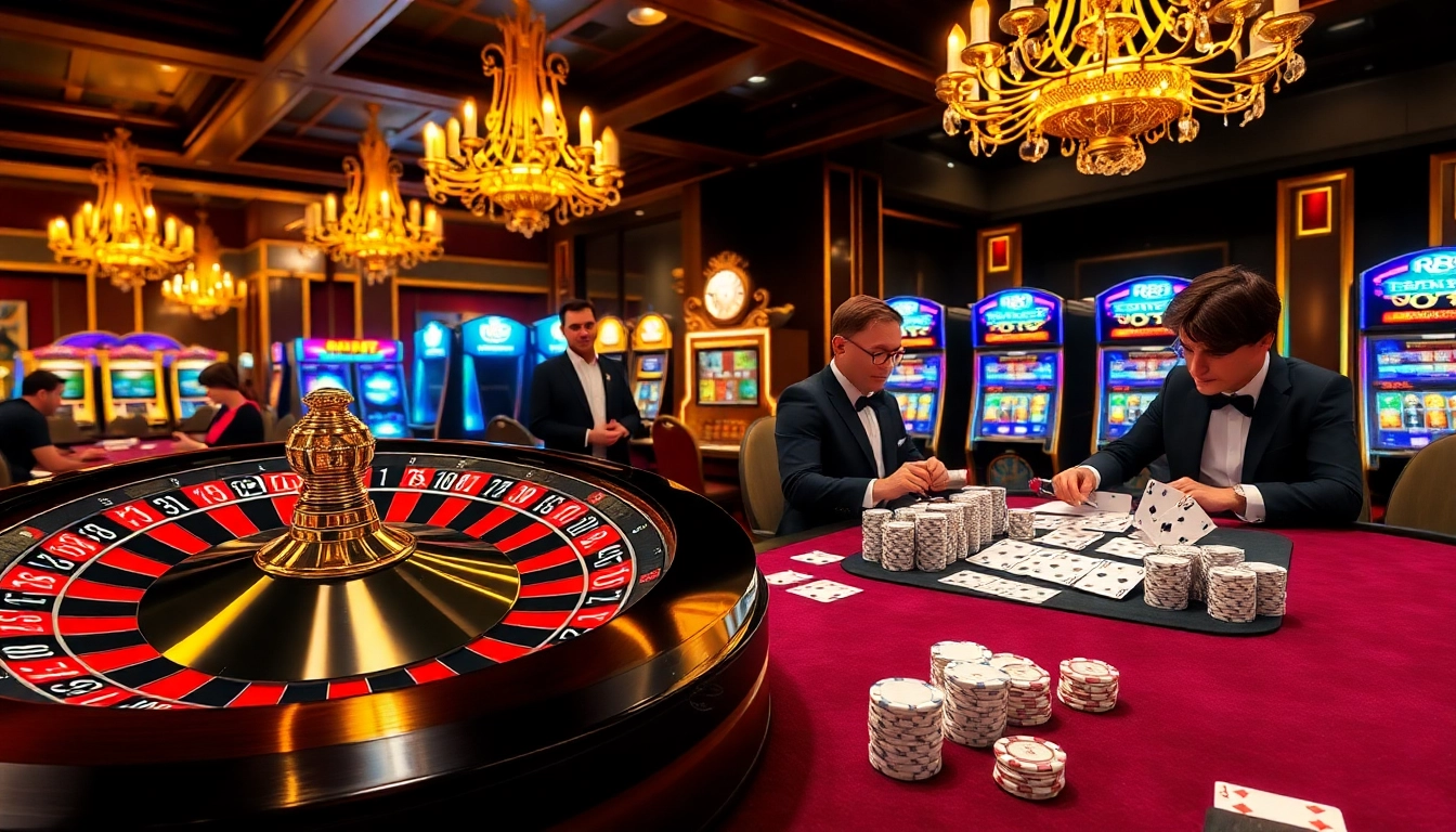 Experience the luxury of casino gaming at RR88 with players engaging at a roulette table.