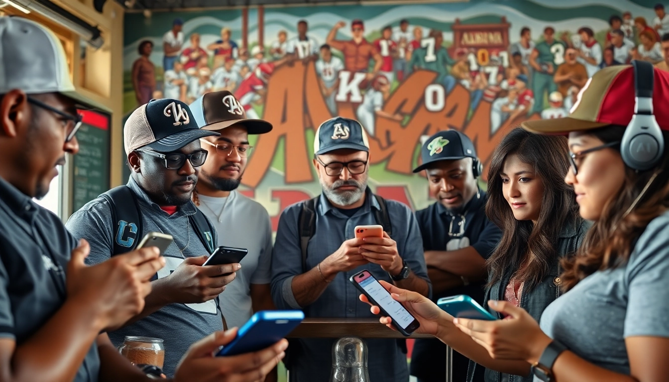Engaged fans discussing Alabama sports betting strategies in a local café.