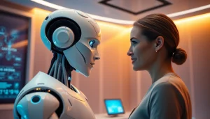 Engaging AI sex companion scene highlighting emotional interaction and technology.