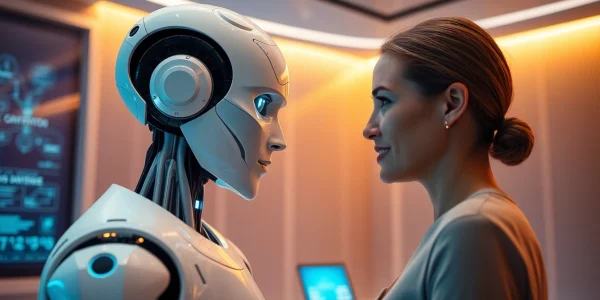 Engaging AI sex companion scene highlighting emotional interaction and technology.