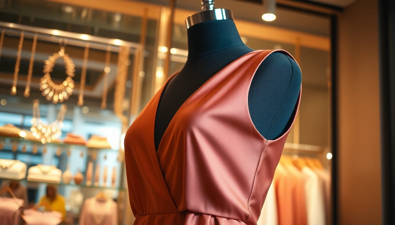 Rivelle dress displayed elegantly in a fashionable boutique setting with glamorous details.