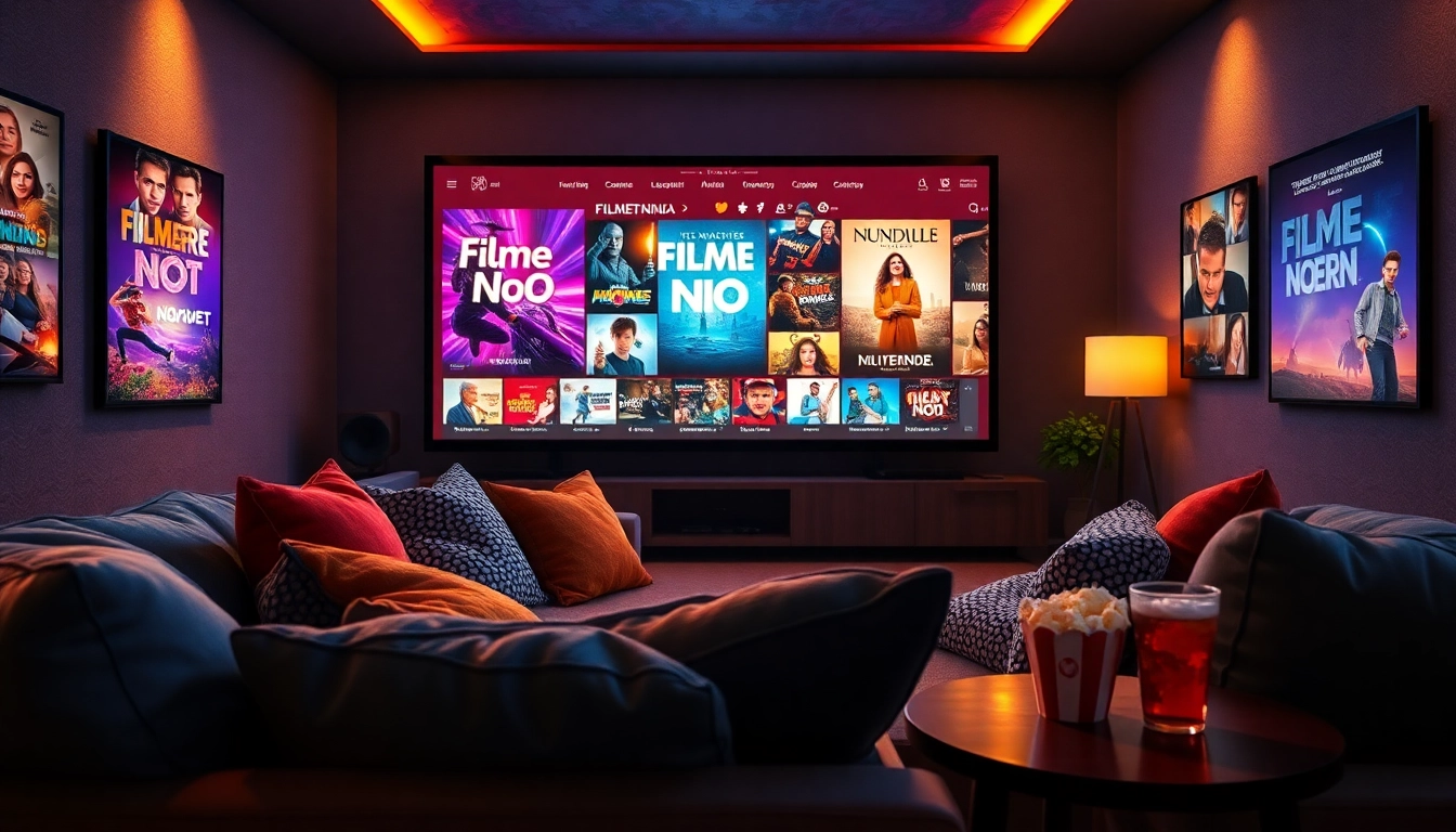 Cozy home theater showcasing filme noi movie posters with popcorn and drinks for an inviting cinematic experience.