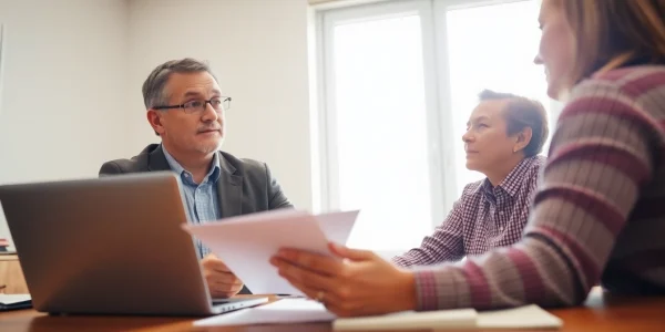 Public Adjuster Near Me helping a homeowner, showcasing trust and professionalism in a warm office.