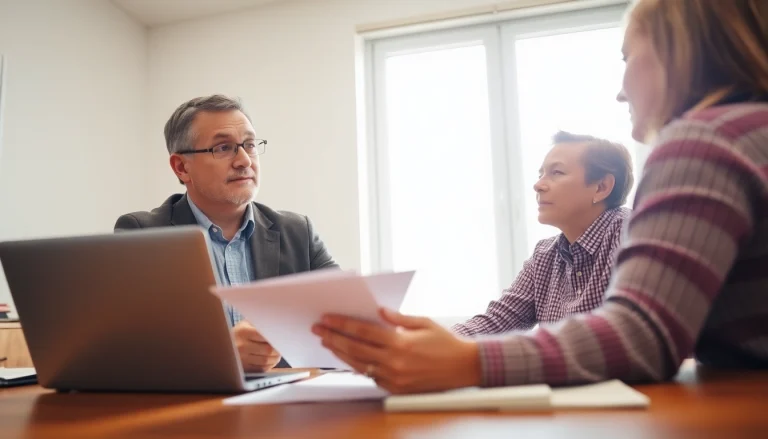 Public Adjuster Near Me helping a homeowner, showcasing trust and professionalism in a warm office.