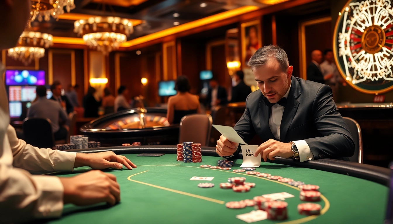 Exciting poker game at Nhà cái F8BET, showcasing colorful chips and elegant casino environment.