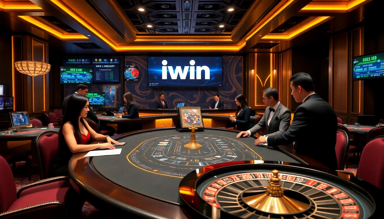 Engage with iwin at an elegant casino table surrounded by vibrant players and colorful chips.