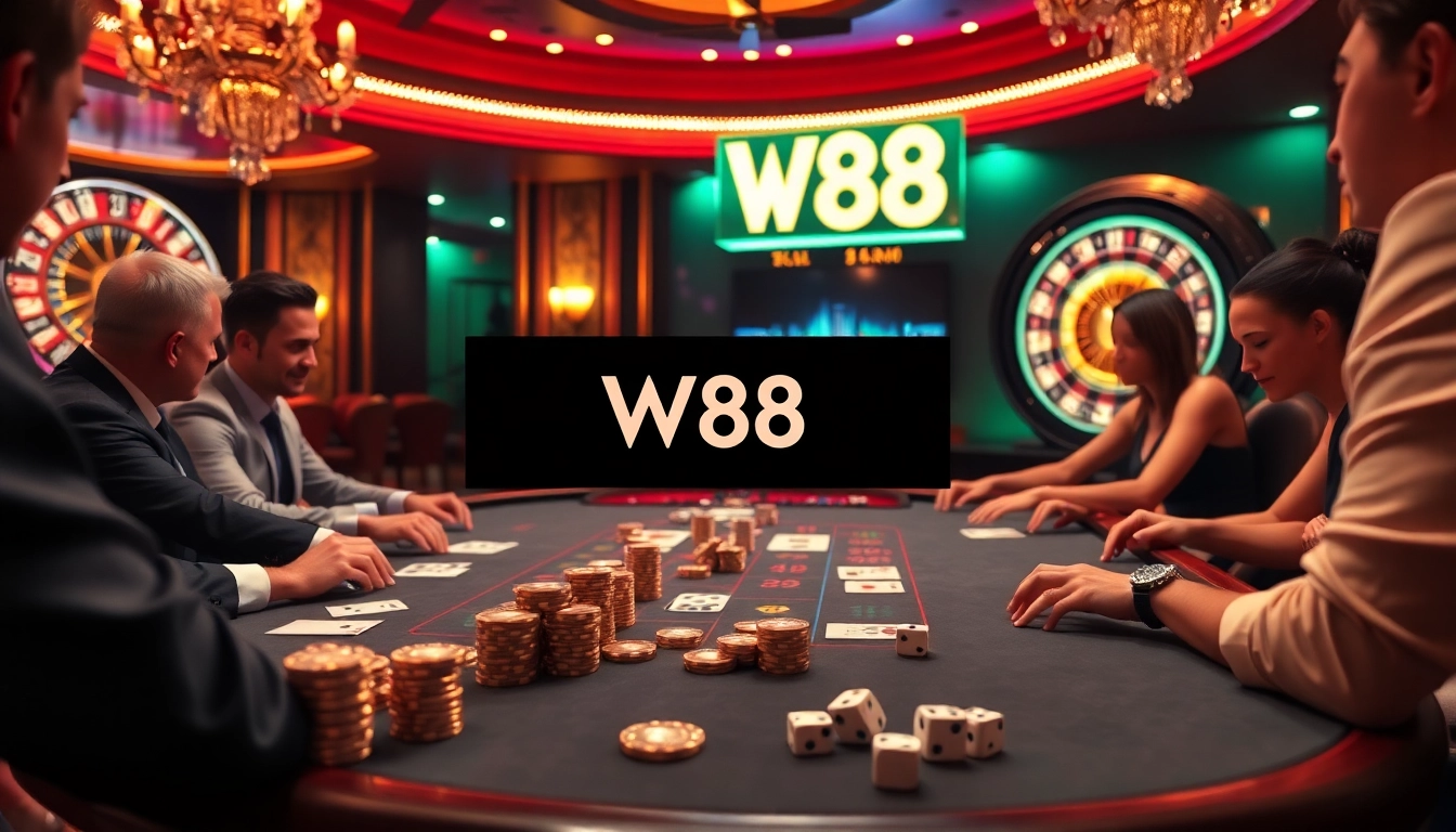 Trò chơi poker hấp dẫn tại casino với nhận diện thương hiệu W88 và các quân chip cùng lá bài nhiều màu sắc.