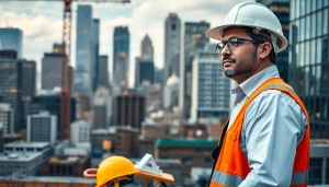 New York City General Contractor managing an urban construction site with tools and skyline.