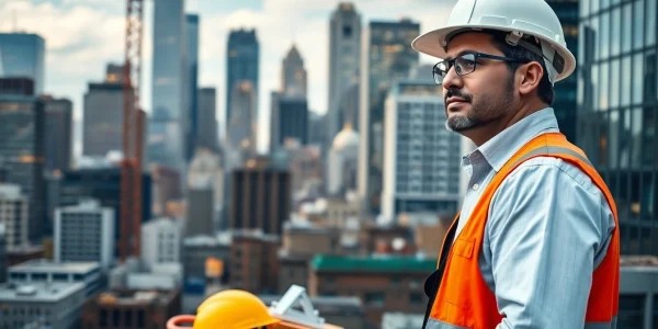 New York City General Contractor managing an urban construction site with tools and skyline.