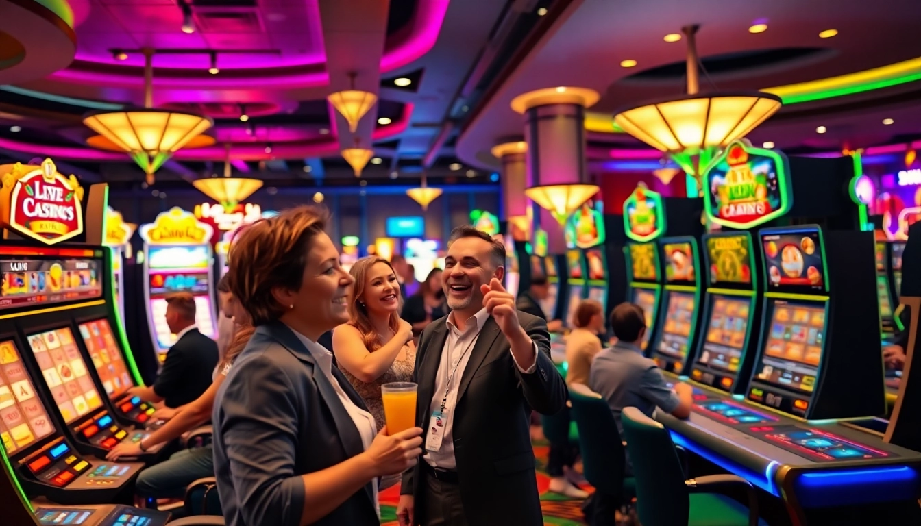 Enjoying online casinos in Canada amidst a lively casino environment with vibrant lighting and engaging games.
