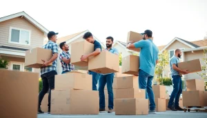 Reliable Vancouver moving company team packing efficiently in a sunny residential setting