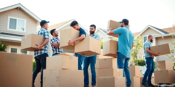 Reliable Vancouver moving company team packing efficiently in a sunny residential setting