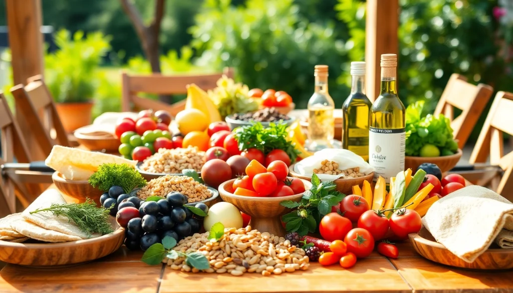 Delicious Mediterranean diet display featuring fresh fruits, vegetables, and healthy fats.