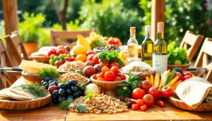 Delicious Mediterranean diet display featuring fresh fruits, vegetables, and healthy fats.