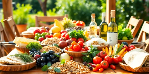 Delicious Mediterranean diet display featuring fresh fruits, vegetables, and healthy fats.