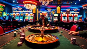 Engaging RR88 casino scene with poker games, roulette wheel, and vibrant slot machines.