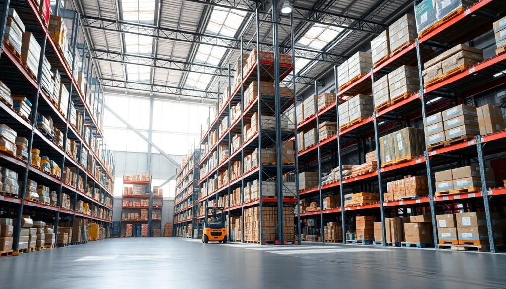 Warehouse storage facility showcasing well-organized goods and bright natural lighting.