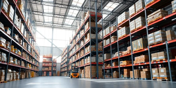 Warehouse storage facility showcasing well-organized goods and bright natural lighting.