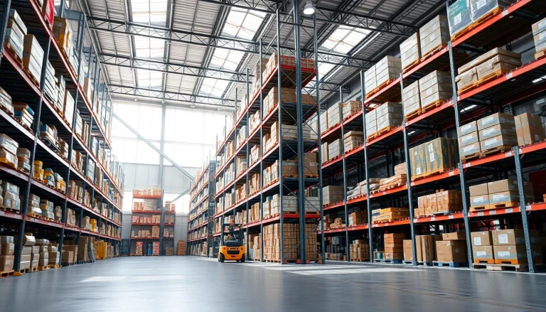 Warehouse storage facility showcasing well-organized goods and bright natural lighting.