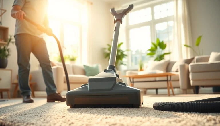 Carpet cleaning near me showcasing a technician working in a bright living room.