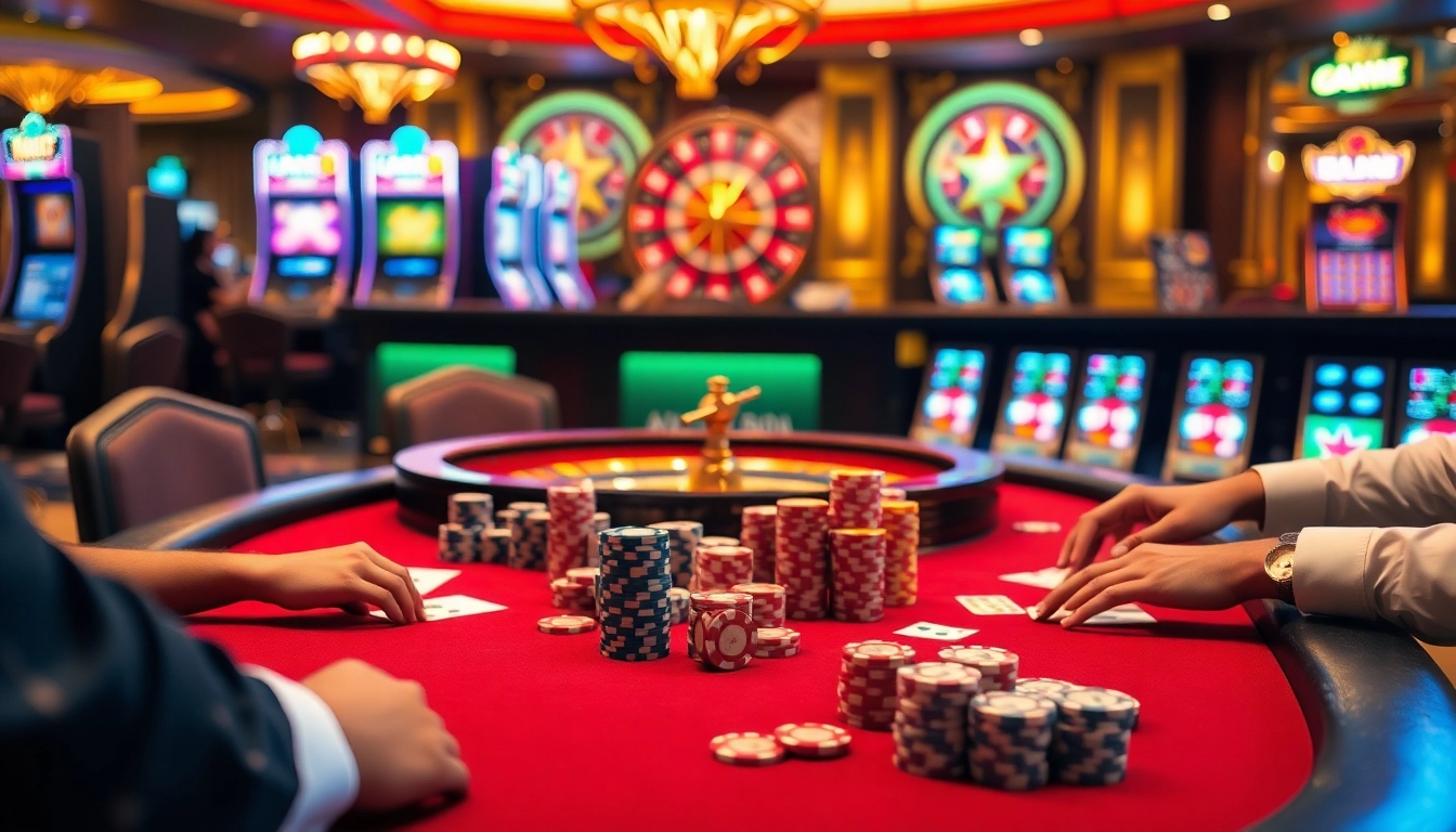 Experience the excitement of nhà cái RR88 with vibrant casino scenes depicting poker games and roulette wheels.