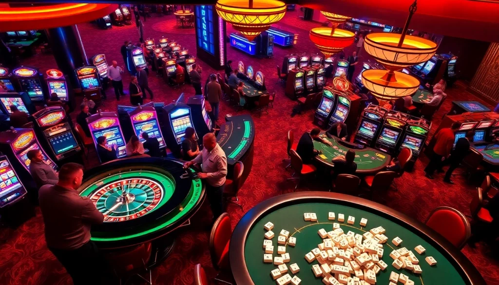 Experience the thrills of link mahjong amidst a lively casino environment, showcasing vibrant slot machines and poker tables.