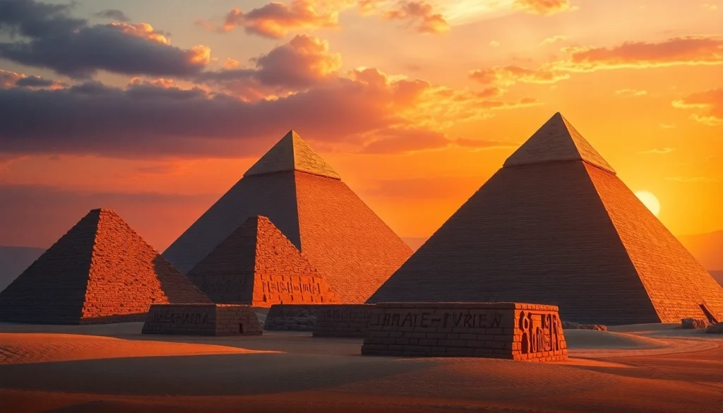Explore the majestic piraminds captured at sunset, highlighting their ancient grandeur.