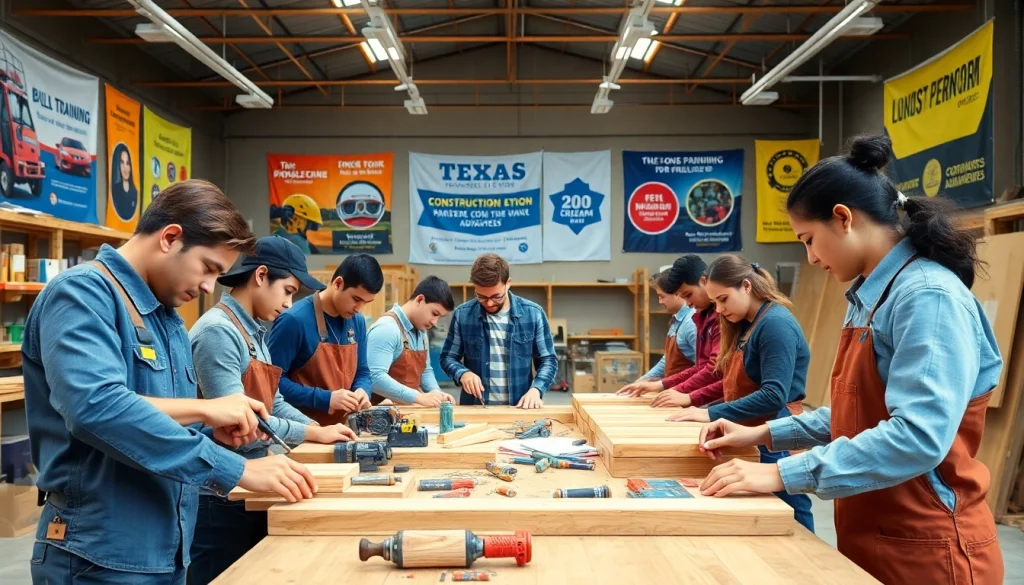 Learn about construction trade schools in Texas through engaged students working in a vibrant workshop.