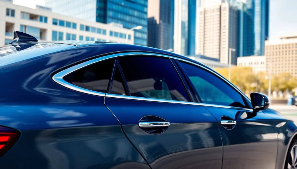 Show a car with ceramic window tint showcasing sleek reflections and urban elegance.