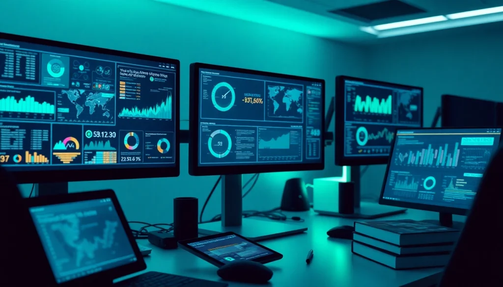 Dynamic workspace with infosec data visualizations and modern technology.