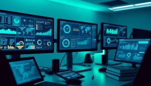 Dynamic workspace with infosec data visualizations and modern technology.
