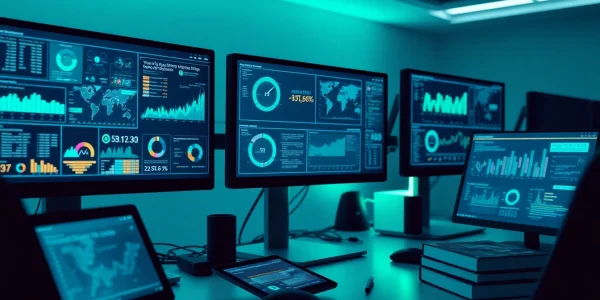 Dynamic workspace with infosec data visualizations and modern technology.