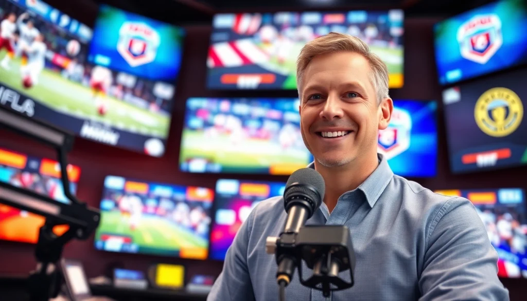 Announcer passionately delivering sports broadcasting news in a vibrant studio setting.