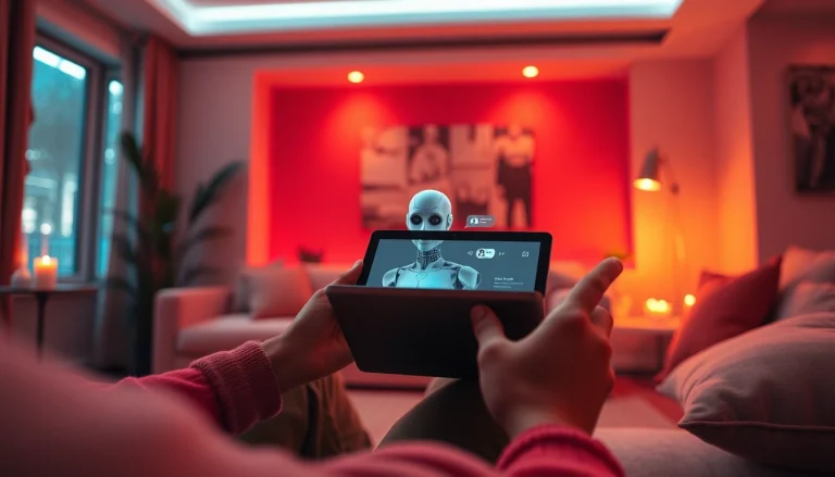 Engaging with an AI sex chat chatbot in a cozy, inviting setting with ambient lighting.