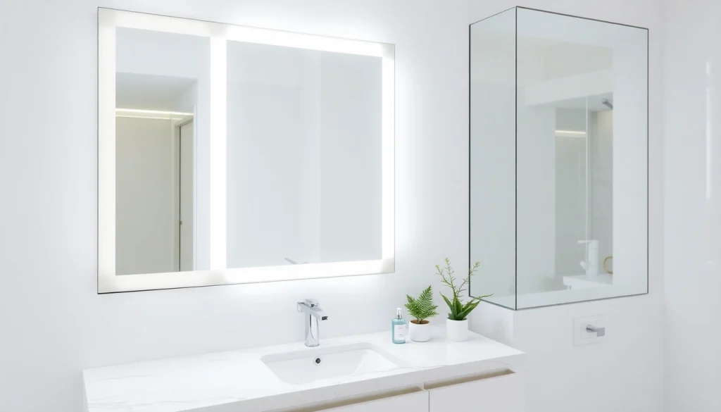 Enhance your bathroom with a stylish mirror with lights and elegant decor.