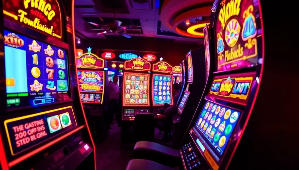 Pinco Casino slot demo oyunlarından birində oynayan insanların parlaq kazino məkanda əyləncəsi.