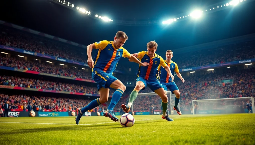 Witness the excitement of ผลบอลภาษาไทย in a vibrant soccer match scene with dynamic players.