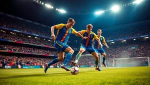 Witness the excitement of ผลบอลภาษาไทย in a vibrant soccer match scene with dynamic players.