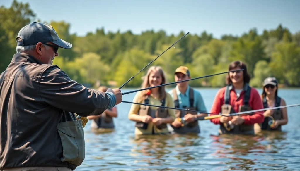 Engaging fly fishing lessons near me with students practicing under natural sunlight.