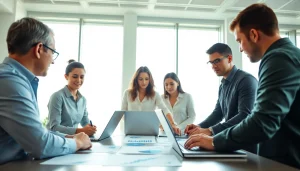 Analyze competitor pricing data visually with a collaborative business team in a modern office.