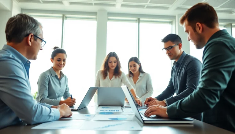 Analyze competitor pricing data visually with a collaborative business team in a modern office.