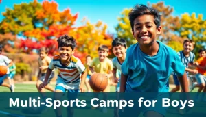 Engaged boys participating in Multi Sports Camps for Boys outdoors, showcasing joy and teamwork.
