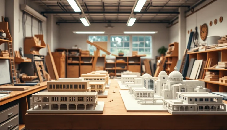 Das architekturmodellbau Bonn präsentiert präzise Architekturmodelle in einem gut beleuchteten Atelier.